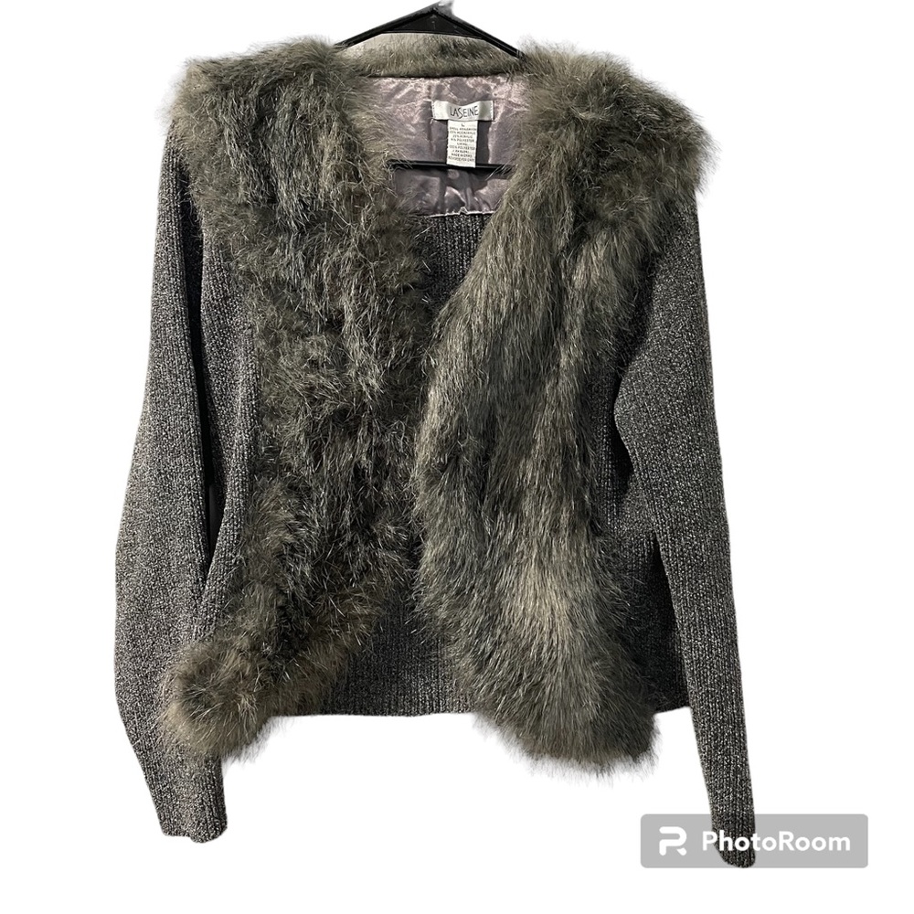 LaSeine Sweater Jacket Faux Fur Fashionable Two Waist Pockets Hook Eye C…